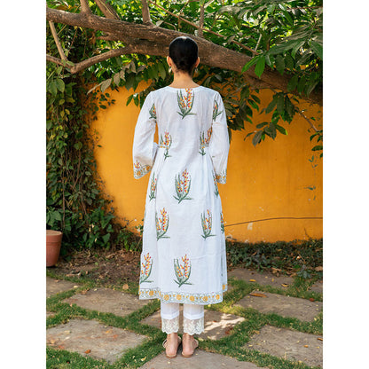Maison Shefali Yellow and White Hand Block Printed Bhopali Kurta with Pants (Set of 2)