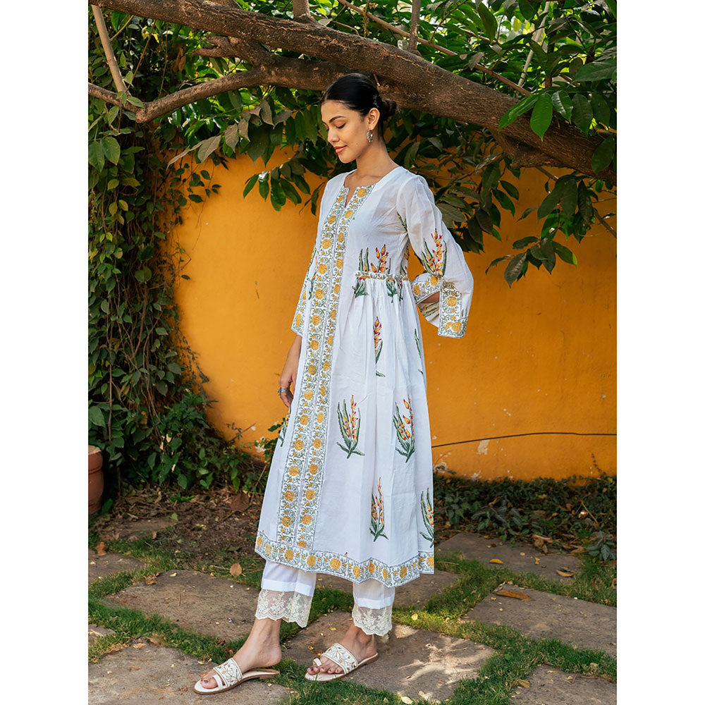 Maison Shefali Yellow and White Hand Block Printed Bhopali Kurta with Pants (Set of 2)