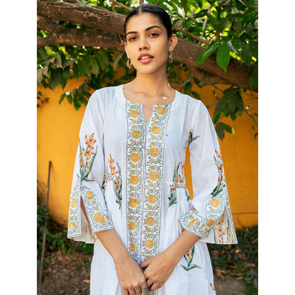 Maison Shefali Yellow and White Hand Block Printed Bhopali Kurta with Pants (Set of 2)