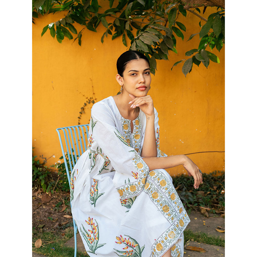 Maison Shefali Yellow and White Hand Block Printed Bhopali Kurta with Pants (Set of 2)