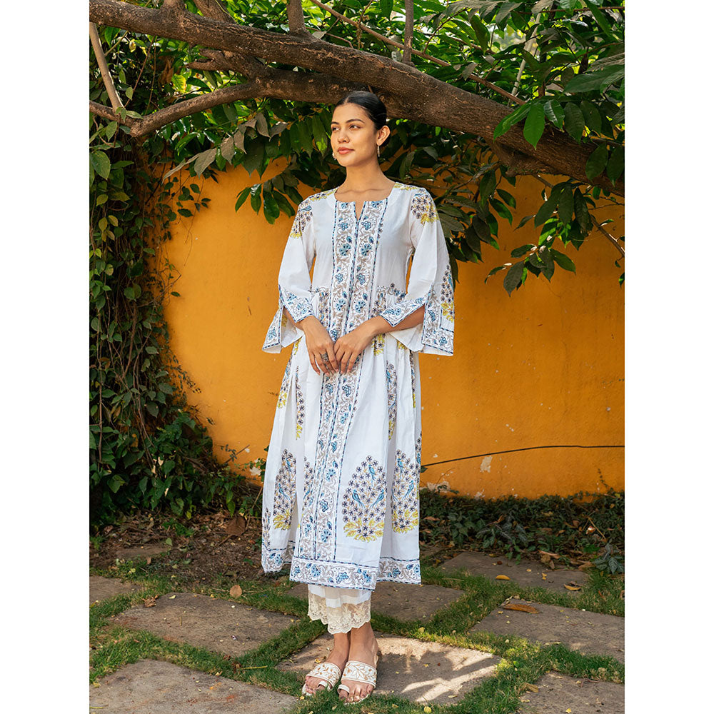 Maison Shefali Blue and White Hand Block Printed Bhopali Kurta with Pants (Set of 2)