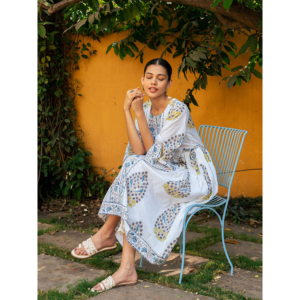 Maison Shefali Blue and White Hand Block Printed Bhopali Kurta with Pants (Set of 2)