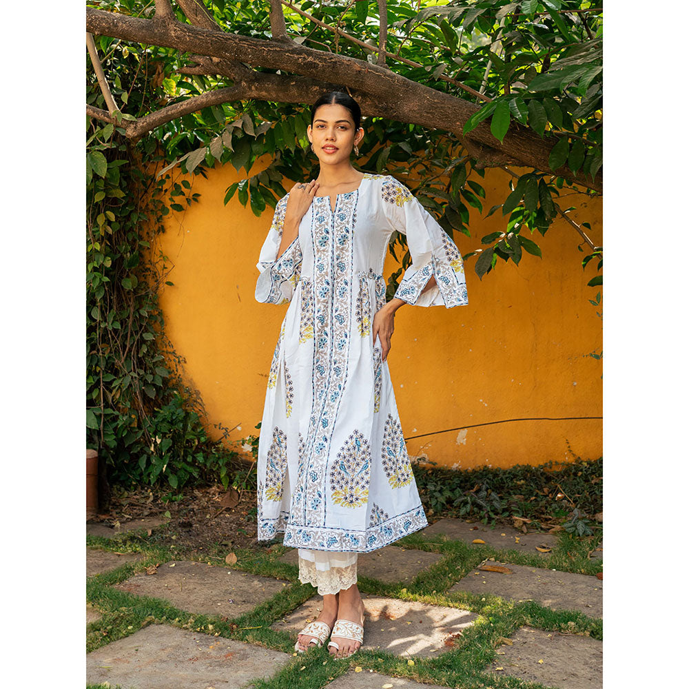 Maison Shefali Blue and White Hand Block Printed Bhopali Kurta with Pants (Set of 2)