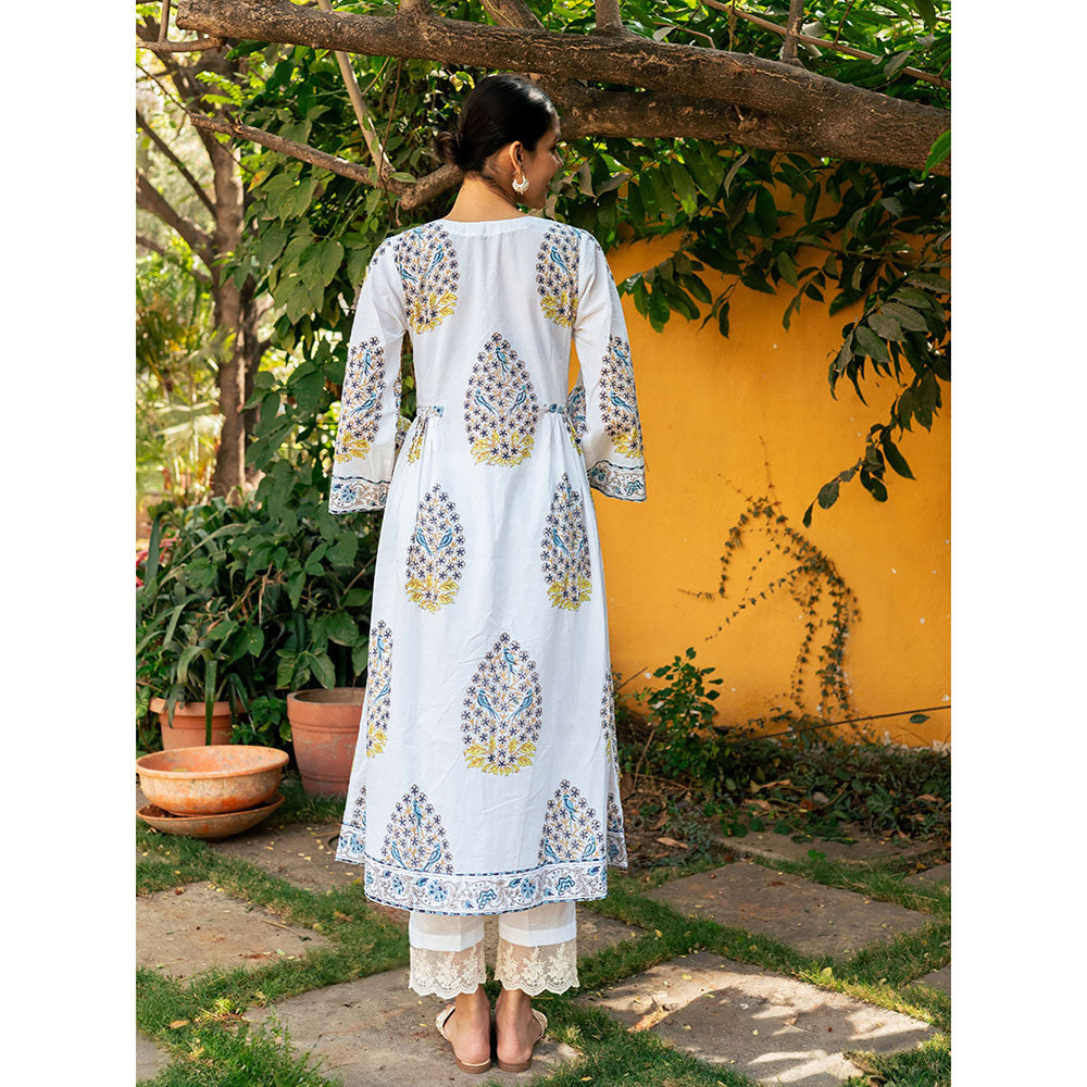 Maison Shefali Blue and White Hand Block Printed Bhopali Kurta with Pants (Set of 2)