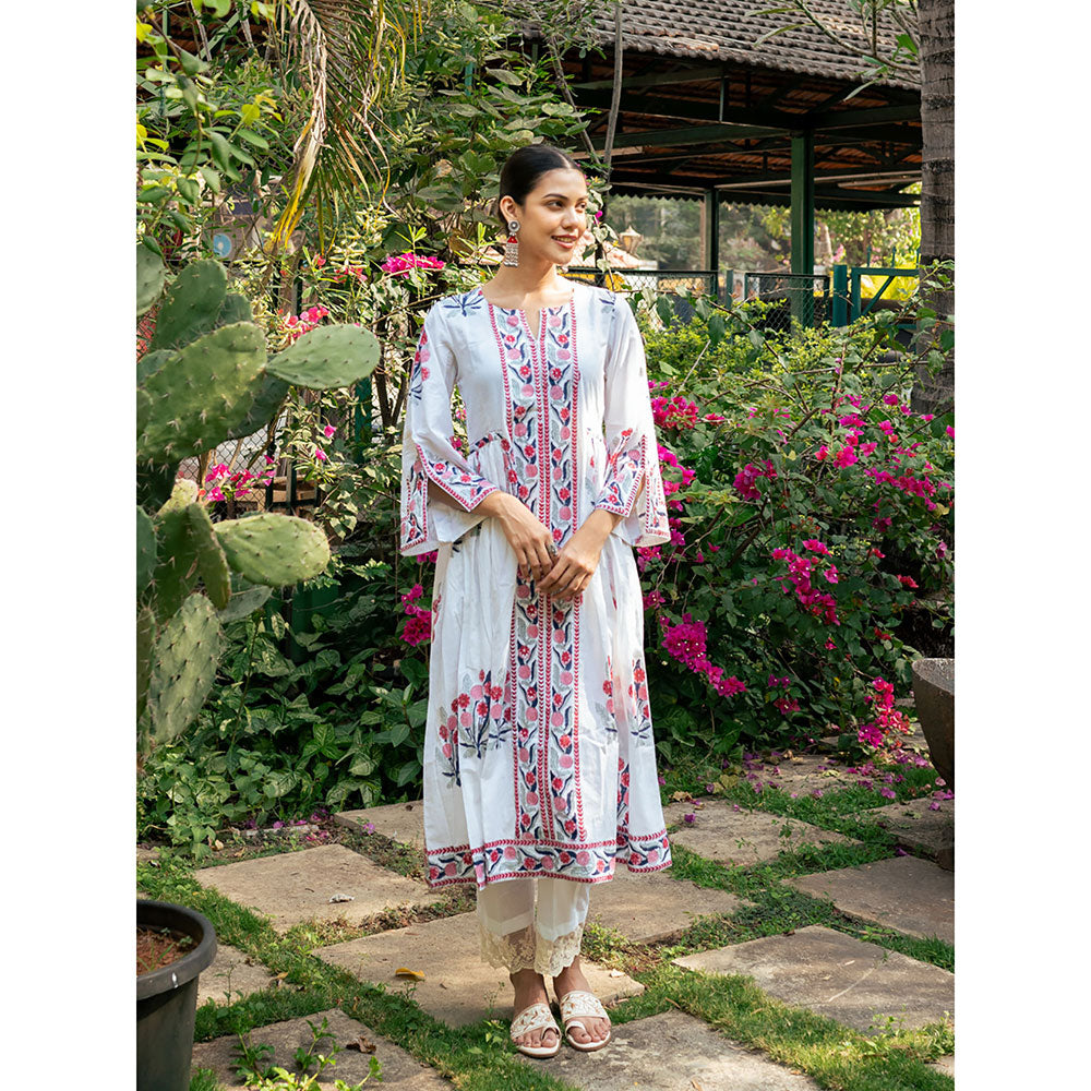 Maison Shefali Pink and White Hand Block Printed Bhopali Kurta with Pants (Set of 2)