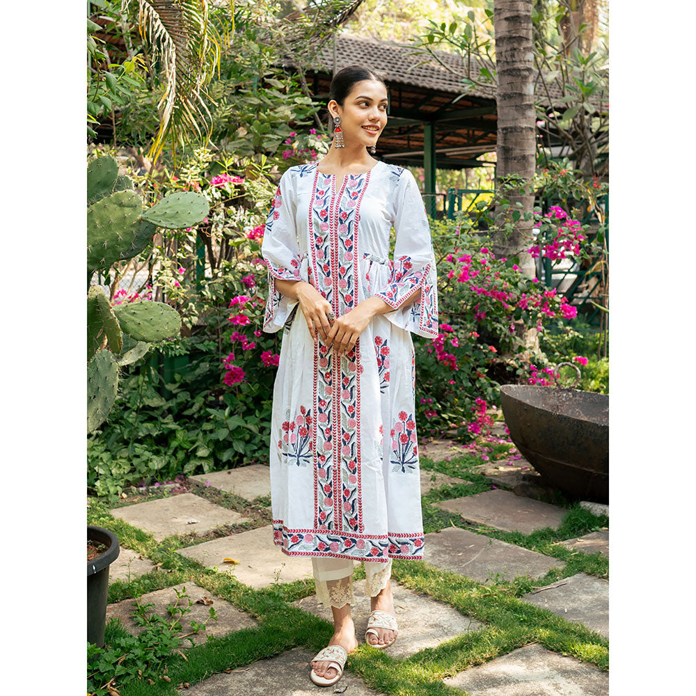 Maison Shefali Pink and White Hand Block Printed Bhopali Kurta with Pants (Set of 2)