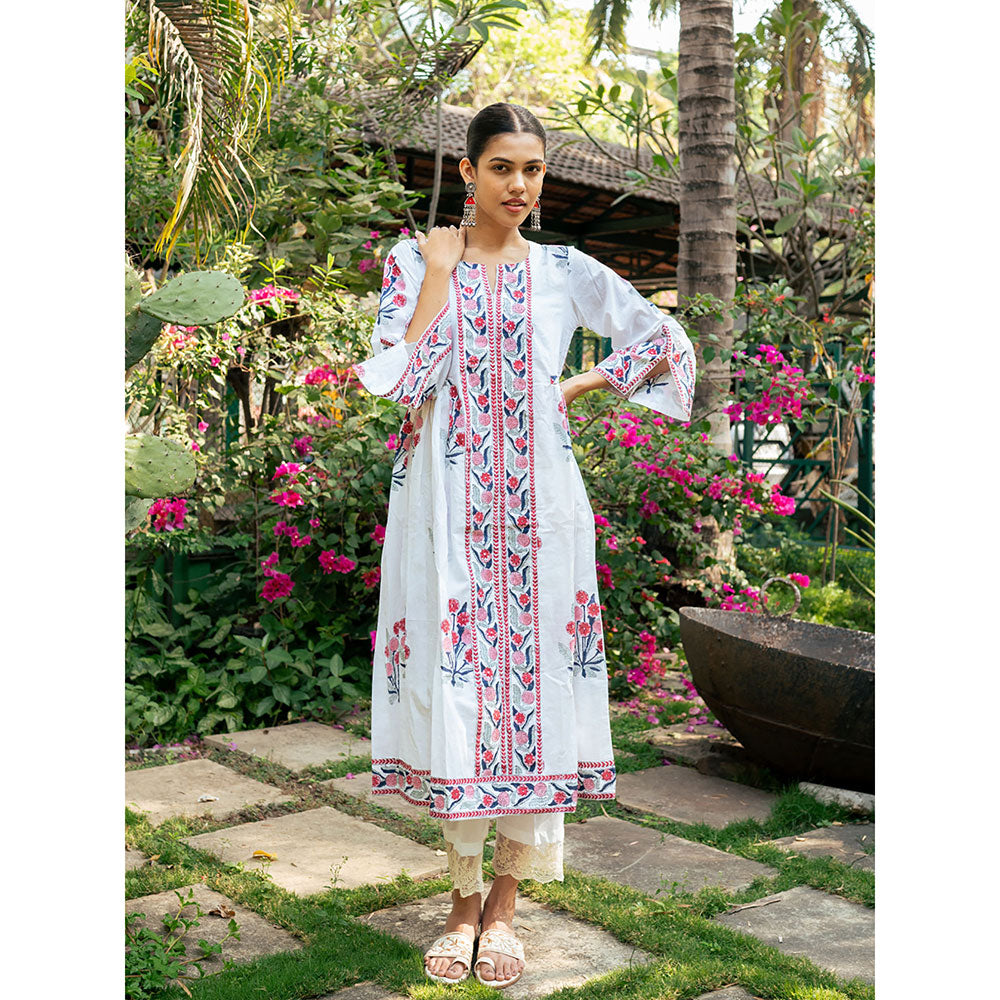 Maison Shefali Pink and White Hand Block Printed Bhopali Kurta with Pants (Set of 2)