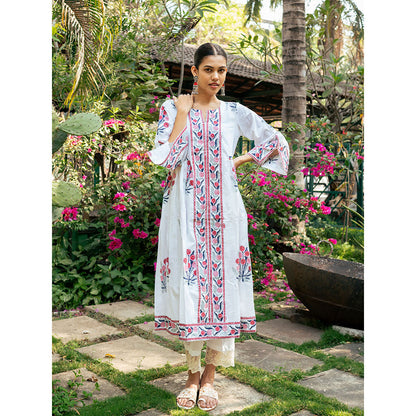 Maison Shefali Pink and White Hand Block Printed Bhopali Kurta with Pants (Set of 2)
