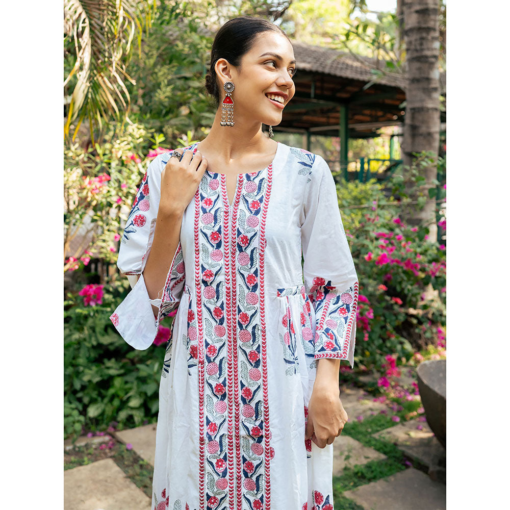 Maison Shefali Pink and White Hand Block Printed Bhopali Kurta with Pants (Set of 2)