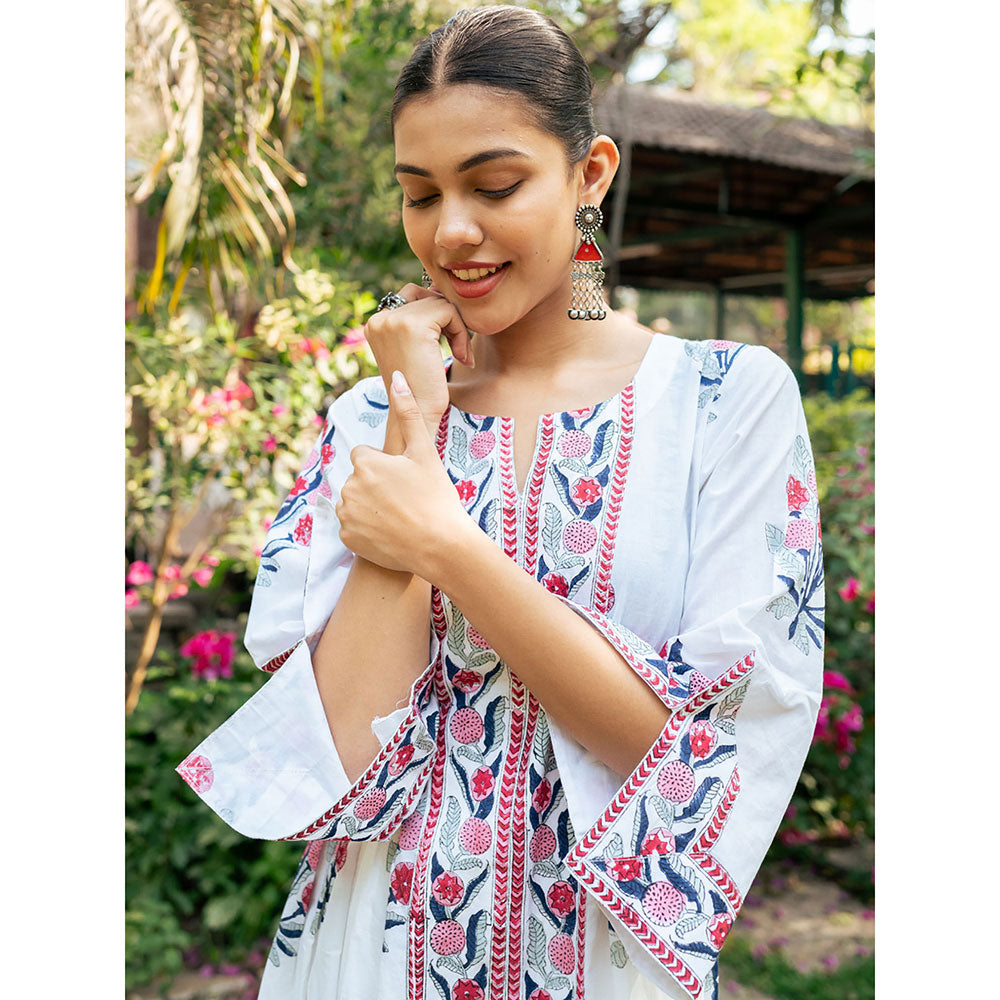 Maison Shefali Pink and White Hand Block Printed Bhopali Kurta with Pants (Set of 2)
