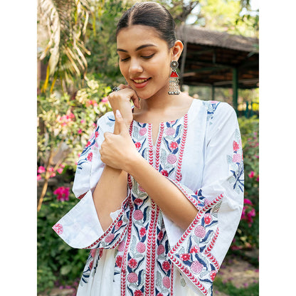 Maison Shefali Pink and White Hand Block Printed Bhopali Kurta with Pants (Set of 2)