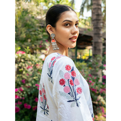 Maison Shefali Pink and White Hand Block Printed Bhopali Kurta with Pants (Set of 2)