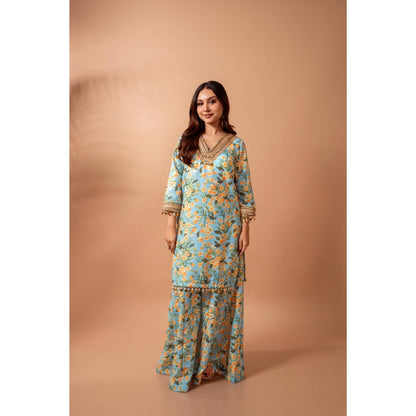 Maison Shefali Linen Digital Print Kali Blue Sharara with Kurti (Set of 2)