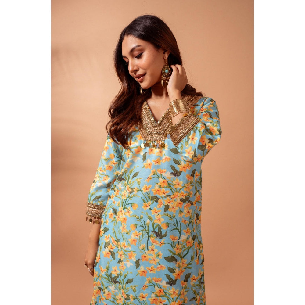 Maison Shefali Linen Digital Print Kali Blue Sharara with Kurti (Set of 2)