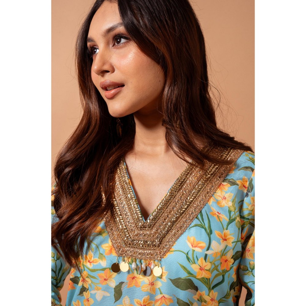 Maison Shefali Linen Digital Print Kali Blue Sharara with Kurti (Set of 2)