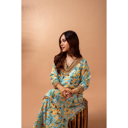 Maison Shefali Linen Digital Print Kali Blue Sharara with Kurti (Set of 2)