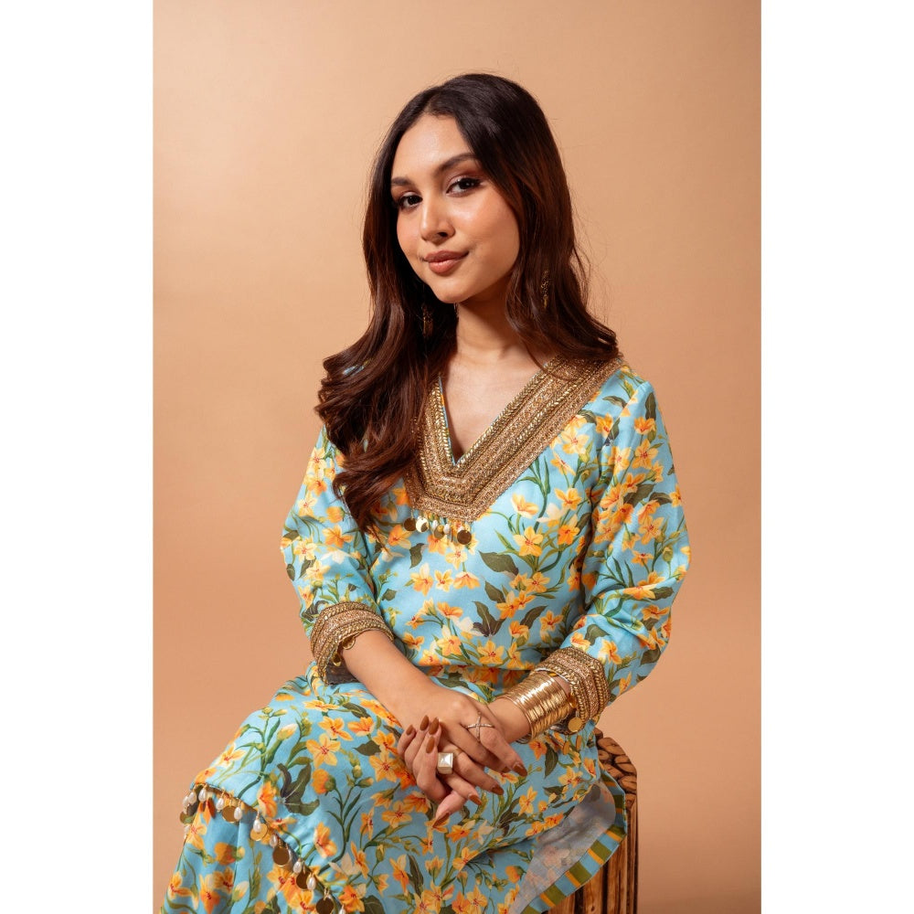 Maison Shefali Linen Digital Print Kali Blue Sharara with Kurti (Set of 2)