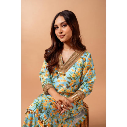 Maison Shefali Linen Digital Print Kali Blue Sharara with Kurti (Set of 2)