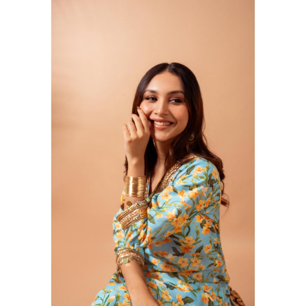 Maison Shefali Linen Digital Print Kali Blue Sharara with Kurti (Set of 2)