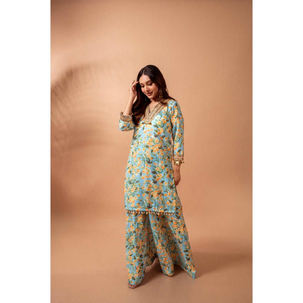 Maison Shefali Linen Digital Print Kali Blue Sharara with Kurti (Set of 2)