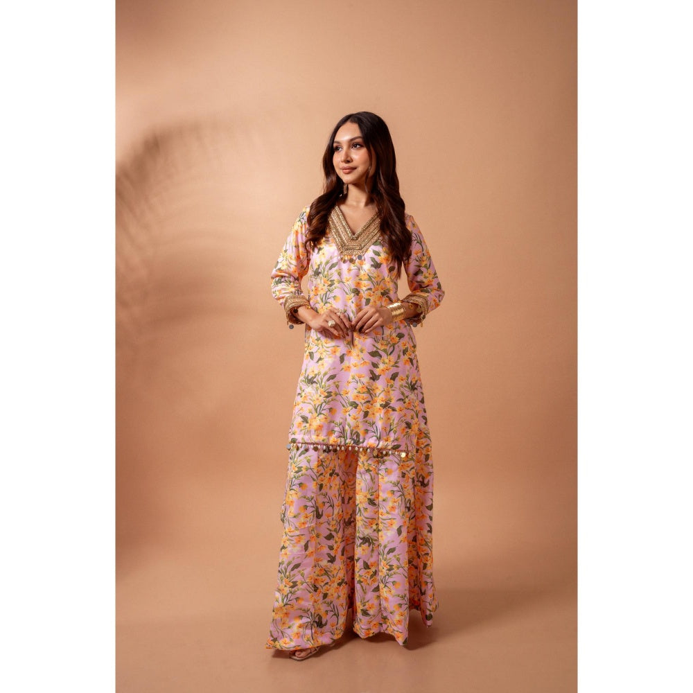 Maison Shefali Linen Digital Print Pink Kali Sharara with Kurti (Set of 2)