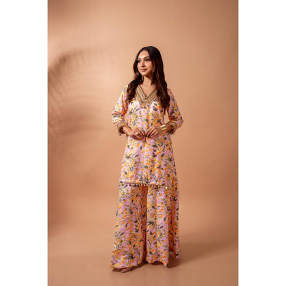 Maison Shefali Linen Digital Print Pink Kali Sharara with Kurti (Set of 2)