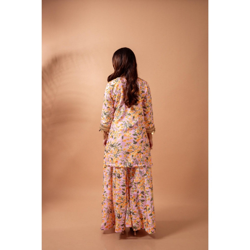Maison Shefali Linen Digital Print Pink Kali Sharara with Kurti (Set of 2)