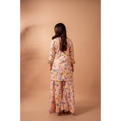 Maison Shefali Linen Digital Print Pink Kali Sharara with Kurti (Set of 2)