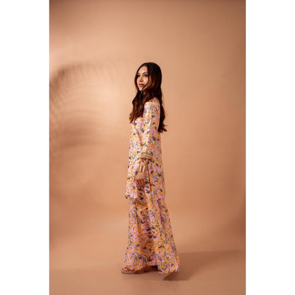 Maison Shefali Linen Digital Print Pink Kali Sharara with Kurti (Set of 2)