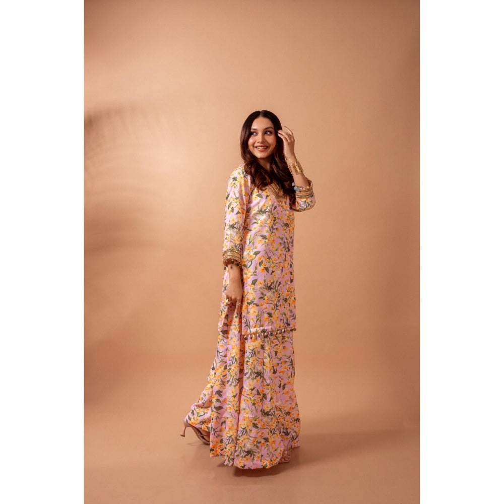 Maison Shefali Linen Digital Print Pink Kali Sharara with Kurti (Set of 2)