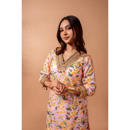 Maison Shefali Linen Digital Print Pink Kali Sharara with Kurti (Set of 2)