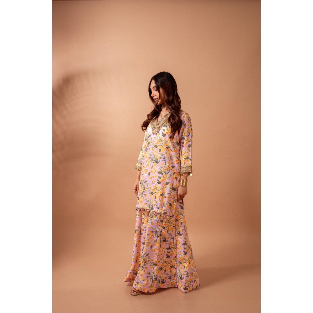 Maison Shefali Linen Digital Print Pink Kali Sharara with Kurti (Set of 2)