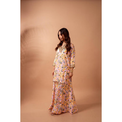 Maison Shefali Linen Digital Print Pink Kali Sharara with Kurti (Set of 2)