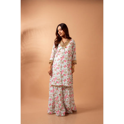 Maison Shefali Linen Digital Print Green Kali Sharara with Kurti (Set of 2)