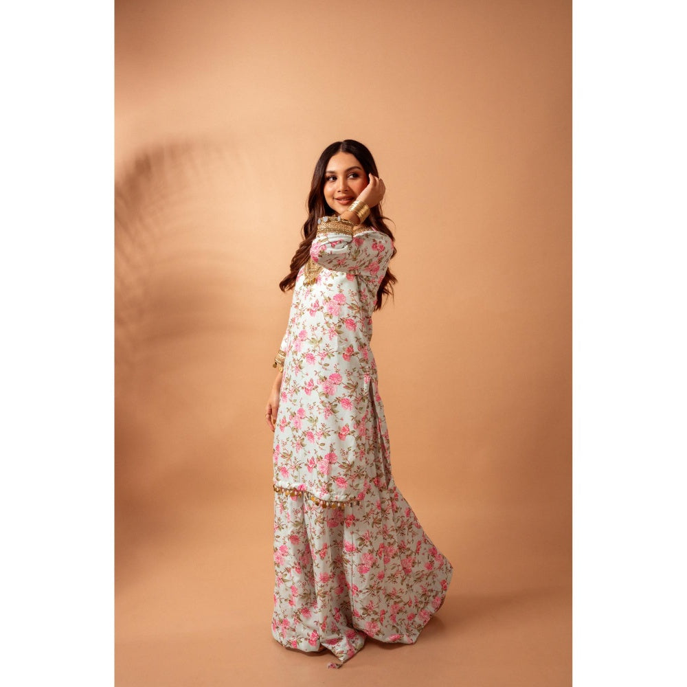 Maison Shefali Linen Digital Print Green Kali Sharara with Kurti (Set of 2)