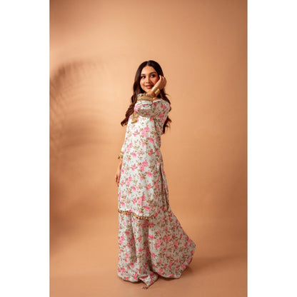 Maison Shefali Linen Digital Print Green Kali Sharara with Kurti (Set of 2)