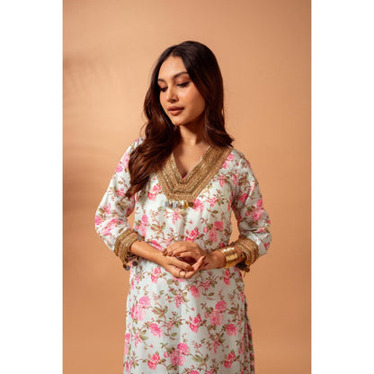 Maison Shefali Linen Digital Print Green Kali Sharara with Kurti (Set of 2)