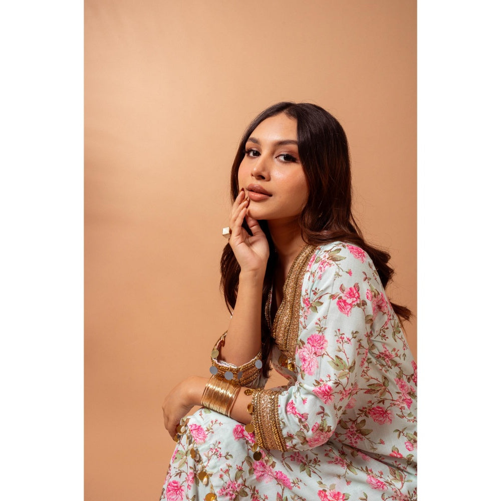 Maison Shefali Linen Digital Print Green Kali Sharara with Kurti (Set of 2)