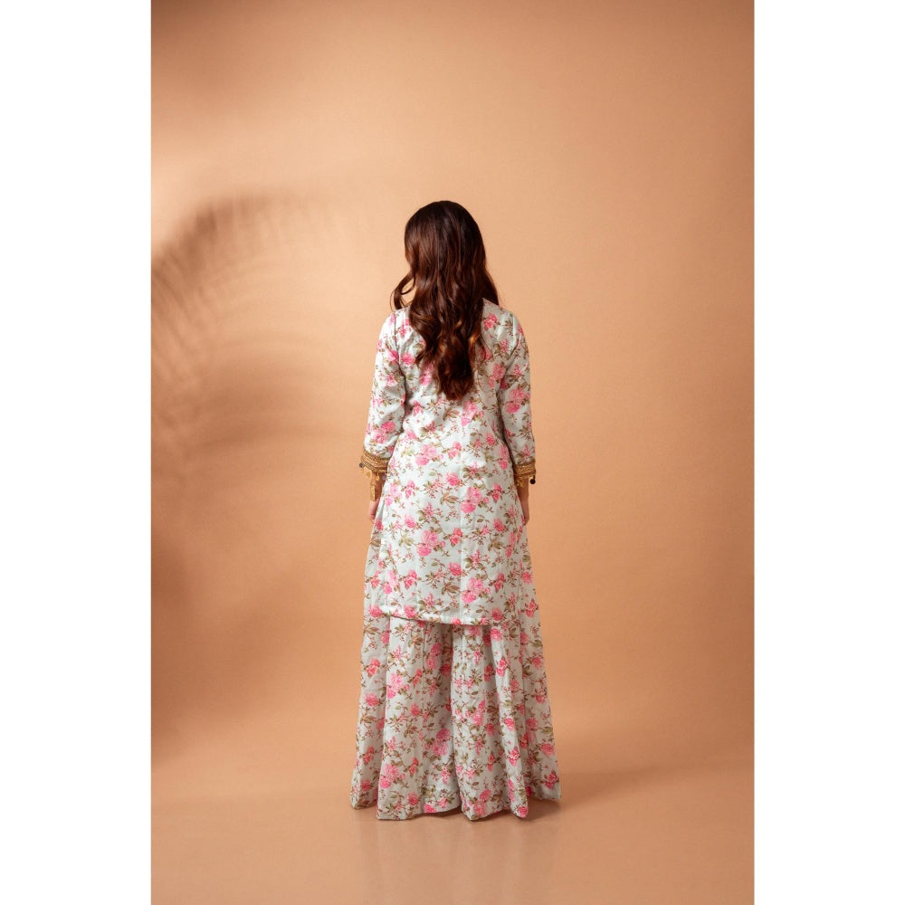 Maison Shefali Linen Digital Print Green Kali Sharara with Kurti (Set of 2)