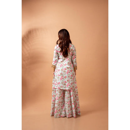 Maison Shefali Linen Digital Print Green Kali Sharara with Kurti (Set of 2)
