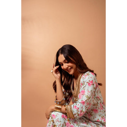 Maison Shefali Linen Digital Print Green Kali Sharara with Kurti (Set of 2)