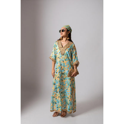 Maison Shefali Linen Digital Print Turquoise Dress