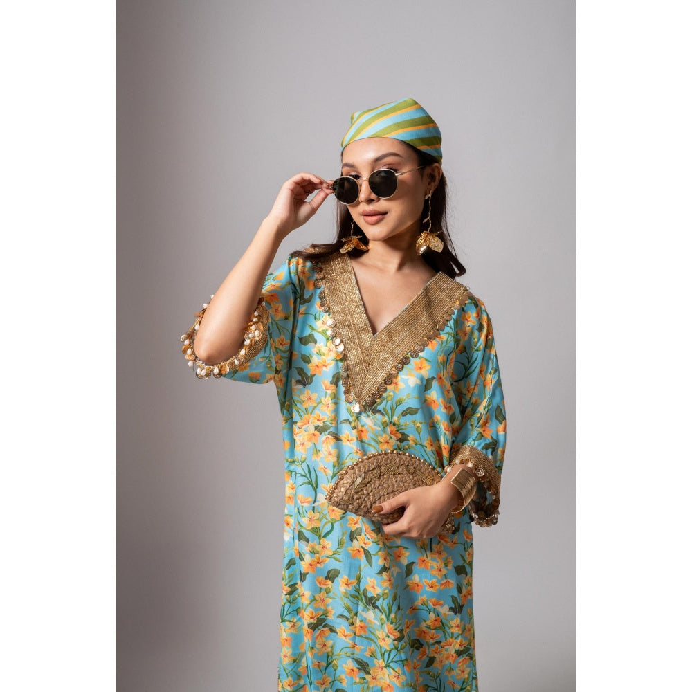 Maison Shefali Linen Digital Print Turquoise Dress