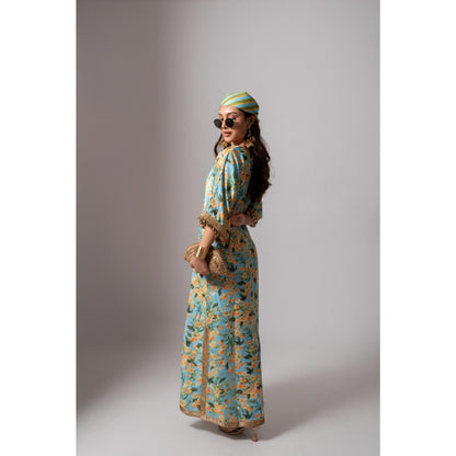 Maison Shefali Linen Digital Print Turquoise Dress