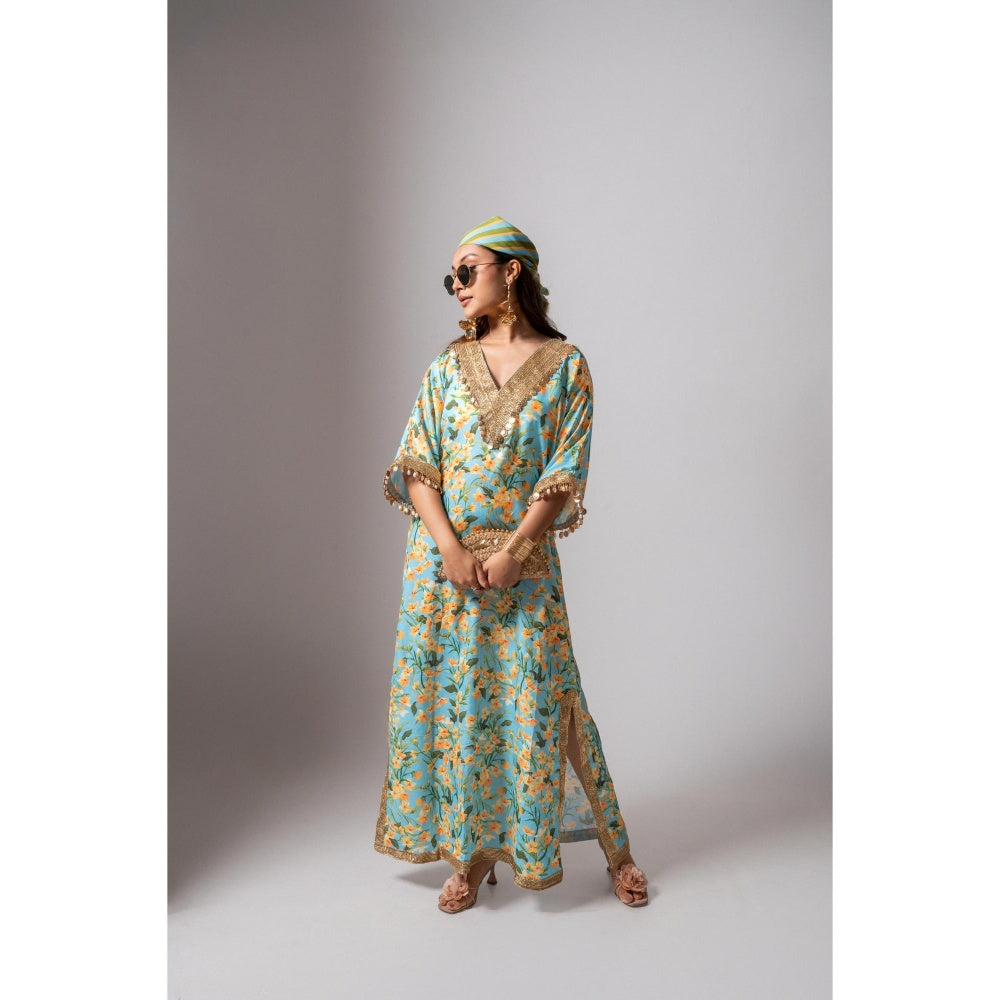 Maison Shefali Linen Digital Print Turquoise Dress