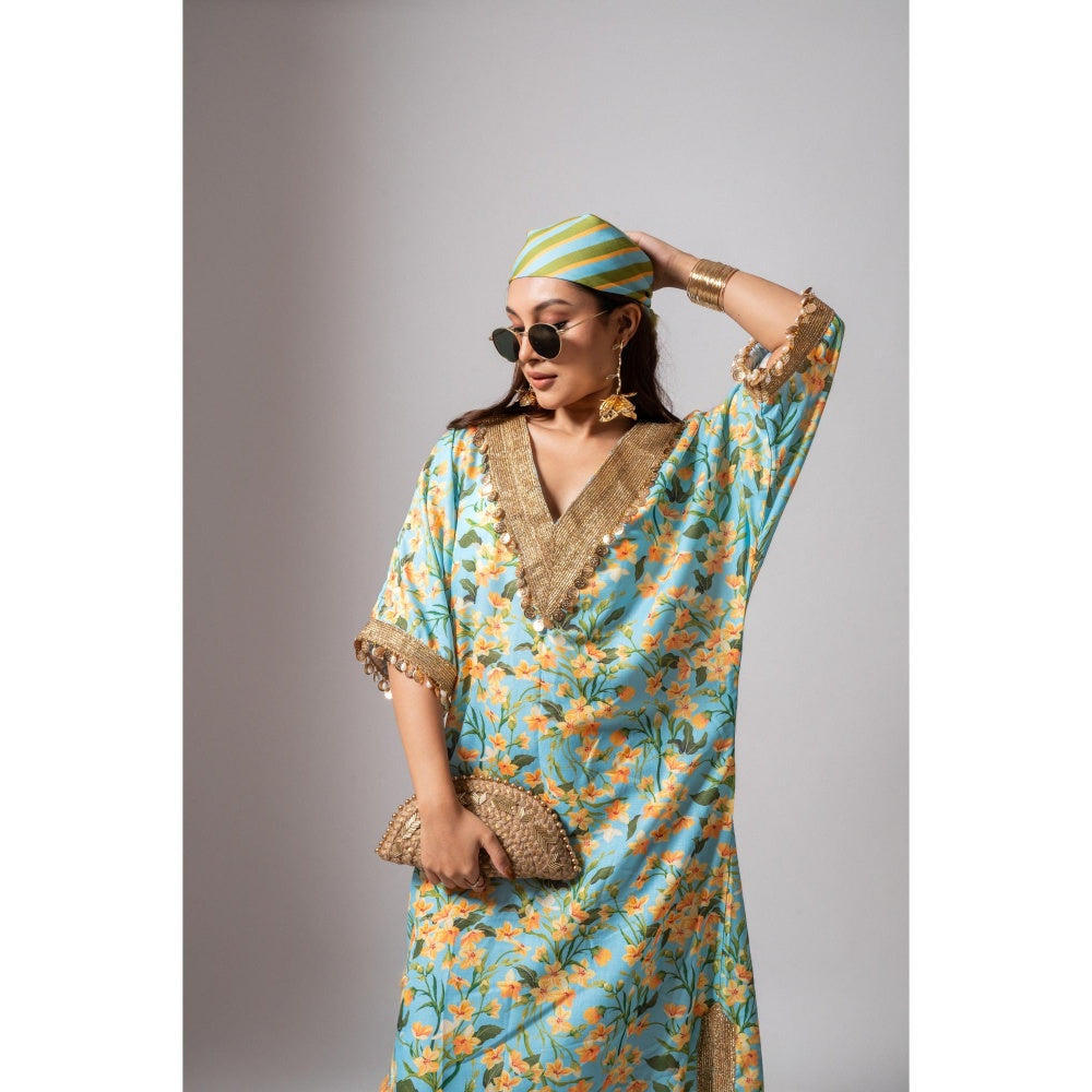 Maison Shefali Linen Digital Print Turquoise Dress