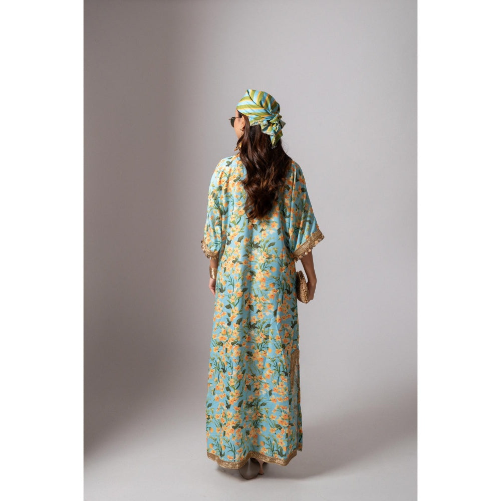 Maison Shefali Linen Digital Print Turquoise Dress