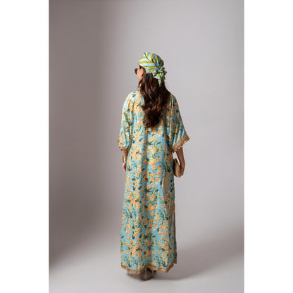 Maison Shefali Linen Digital Print Turquoise Dress