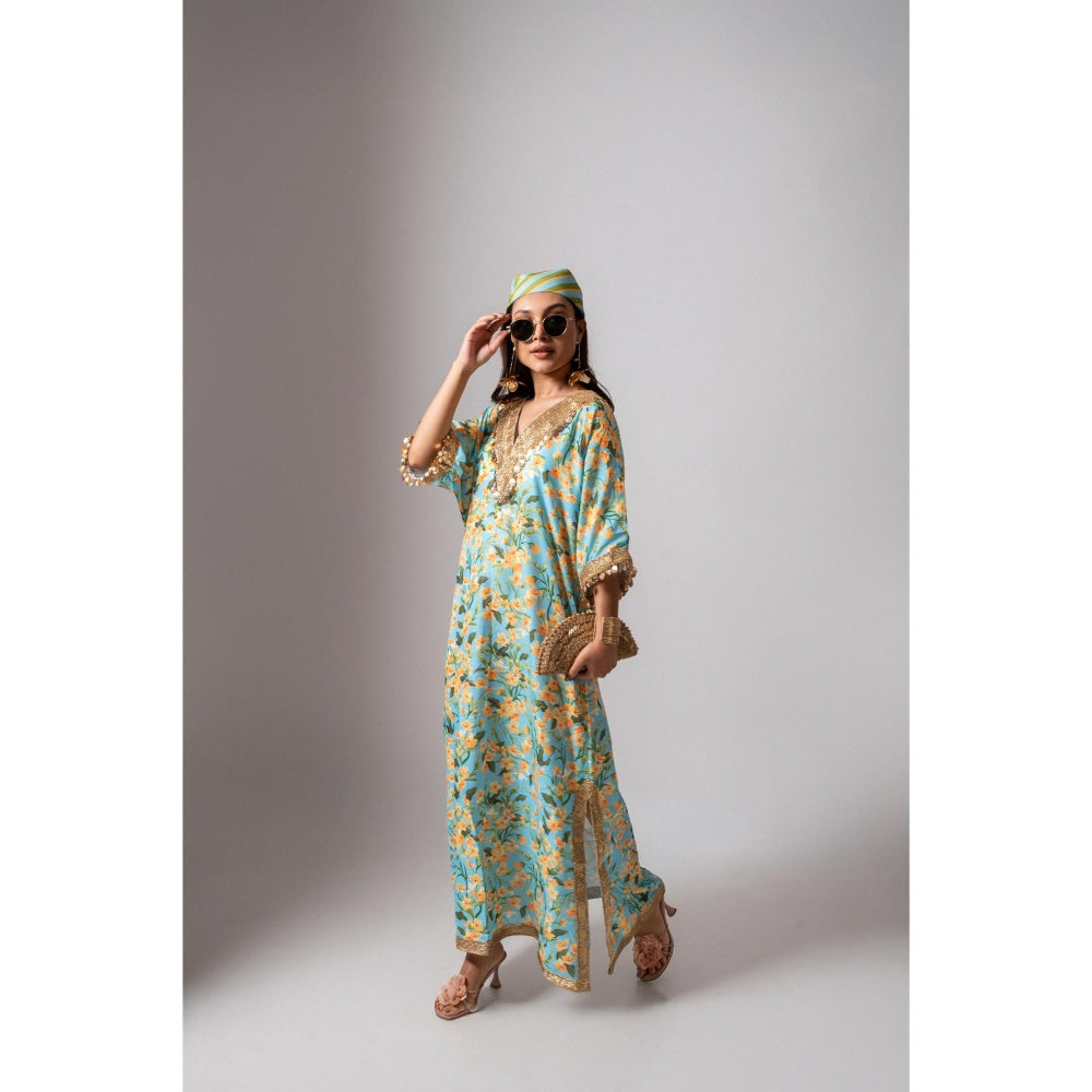 Maison Shefali Linen Digital Print Turquoise Dress