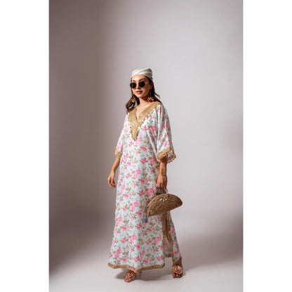 Maison Shefali Linen Digital Print Aqua Green Dress